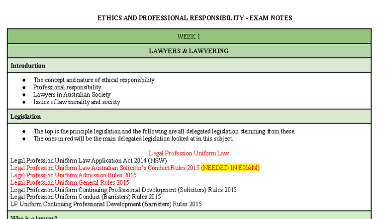 ETHICS AND PROFESSIONAL RESPONSIBILITY - WEEK 1 EXAM NOTES (LPUL) - Studocu
