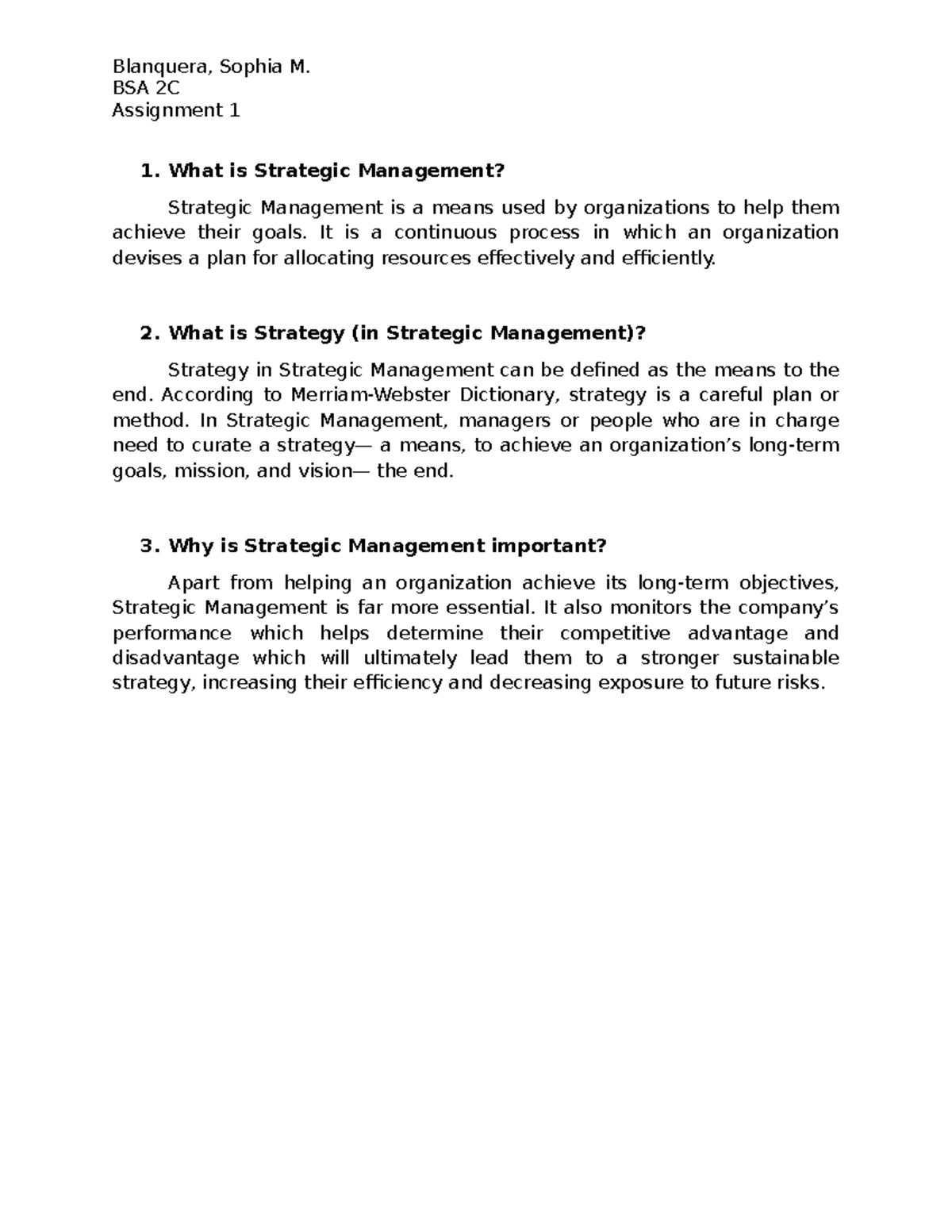 BSA 2C SM Assignment 1: Understanding Strategic Management - Studocu