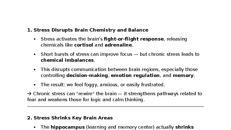 1 - The Impact of Stress on Brain Chemistry and Development - Studocu