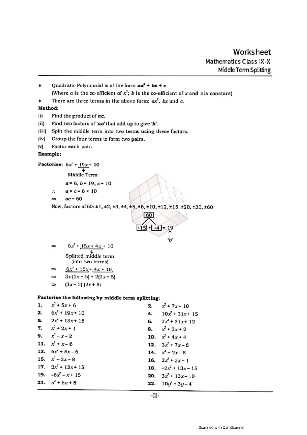 Mathematics Class Worksheet: Middle Term Splitting Assignment - Studocu