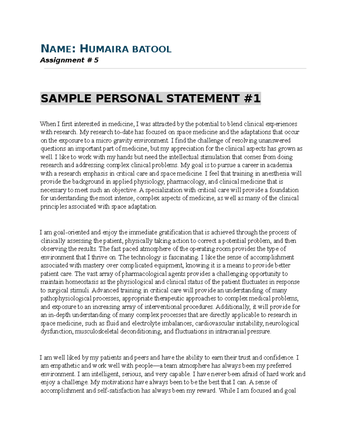 HUMAIRA BATOOL: Assignment 5 Personal Statement on Medicine - Studocu