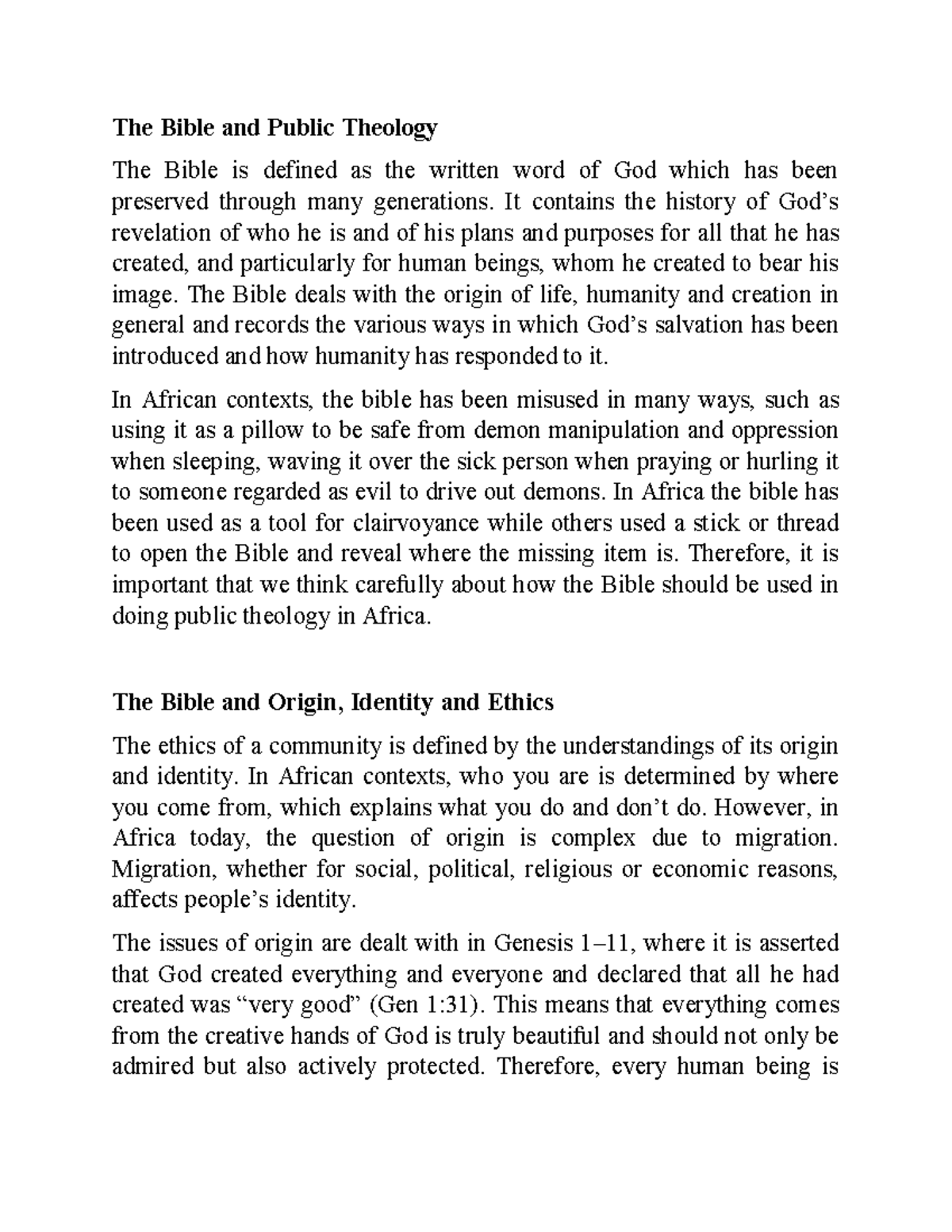 Public Theology and the Bible: Ethics, Worship, and Identity - Studocu