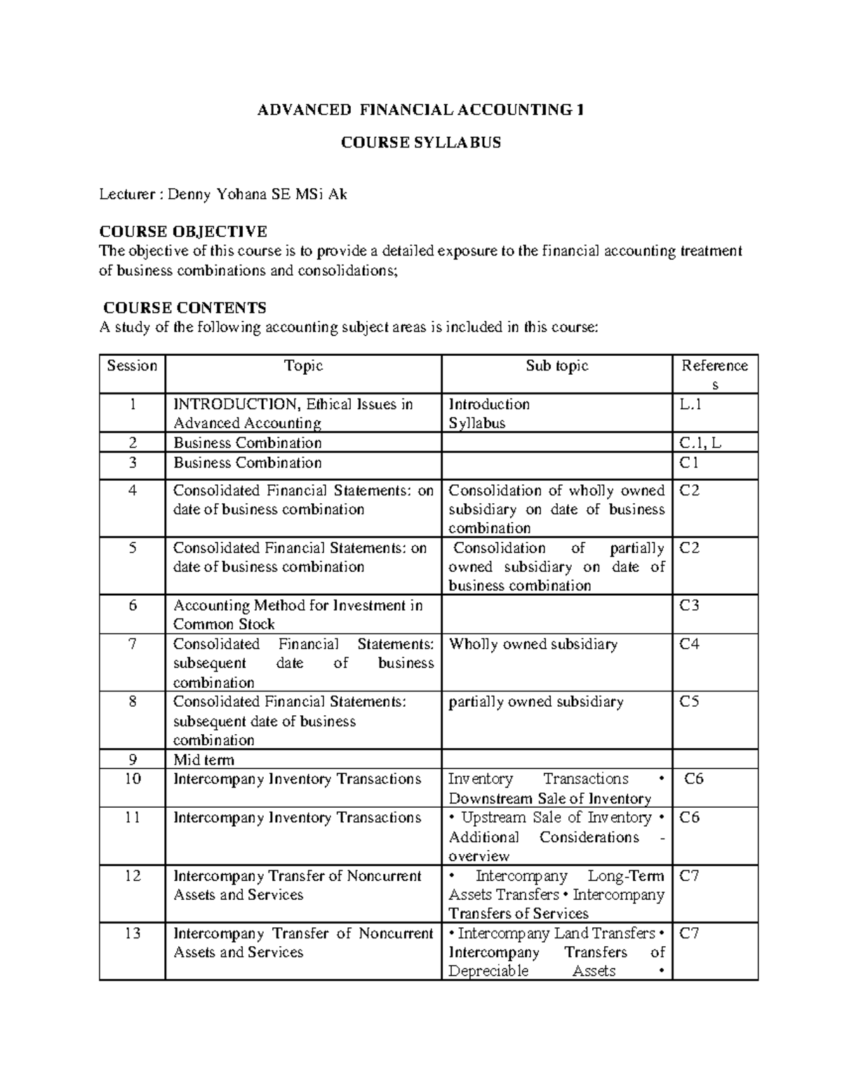 Advanced Financial Accounting 1 Course Syllabus & Objectives - Studocu