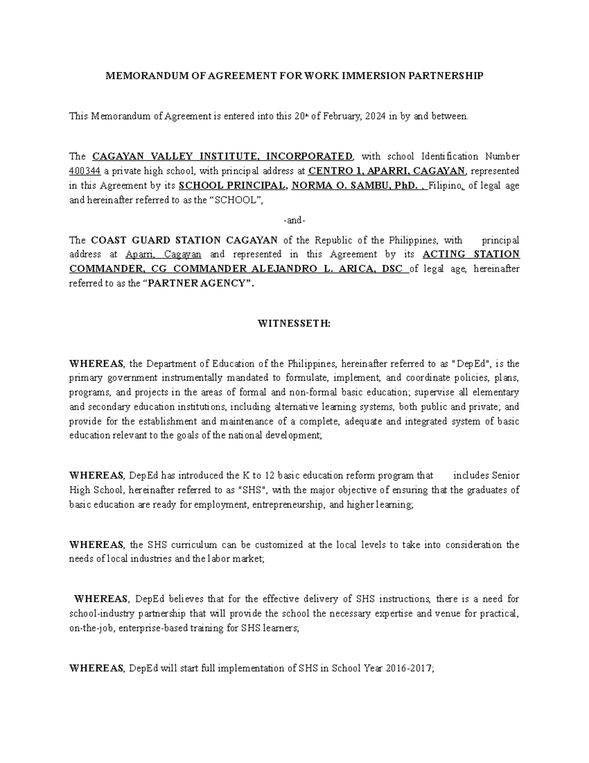 Memorandum OF Agreement FOR WORK Immersion Partnership - MEMORANDUM OF ...