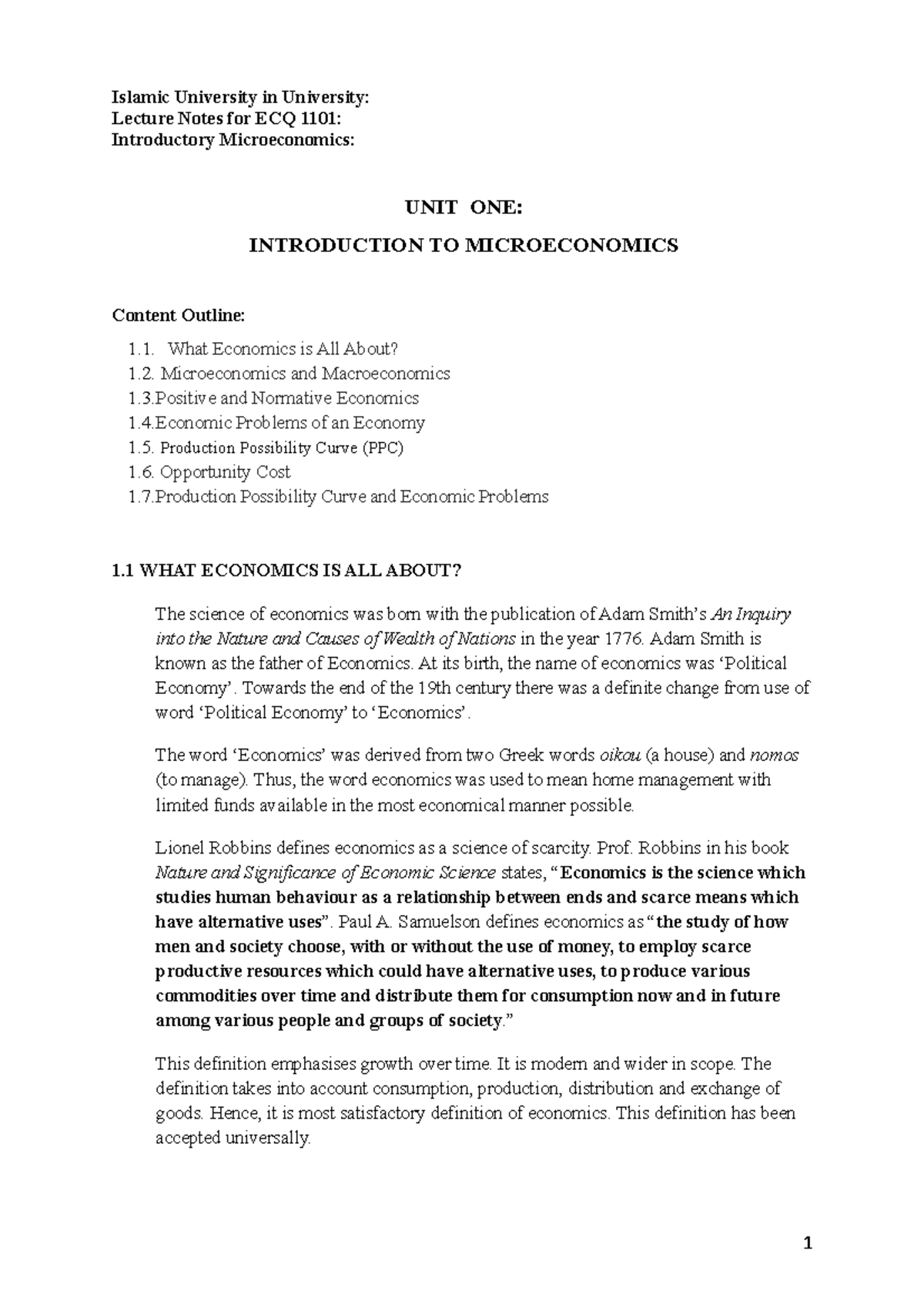 ECQ 1101 Final Exam Lecture Notes: Introduction to Microeconomics - Studocu