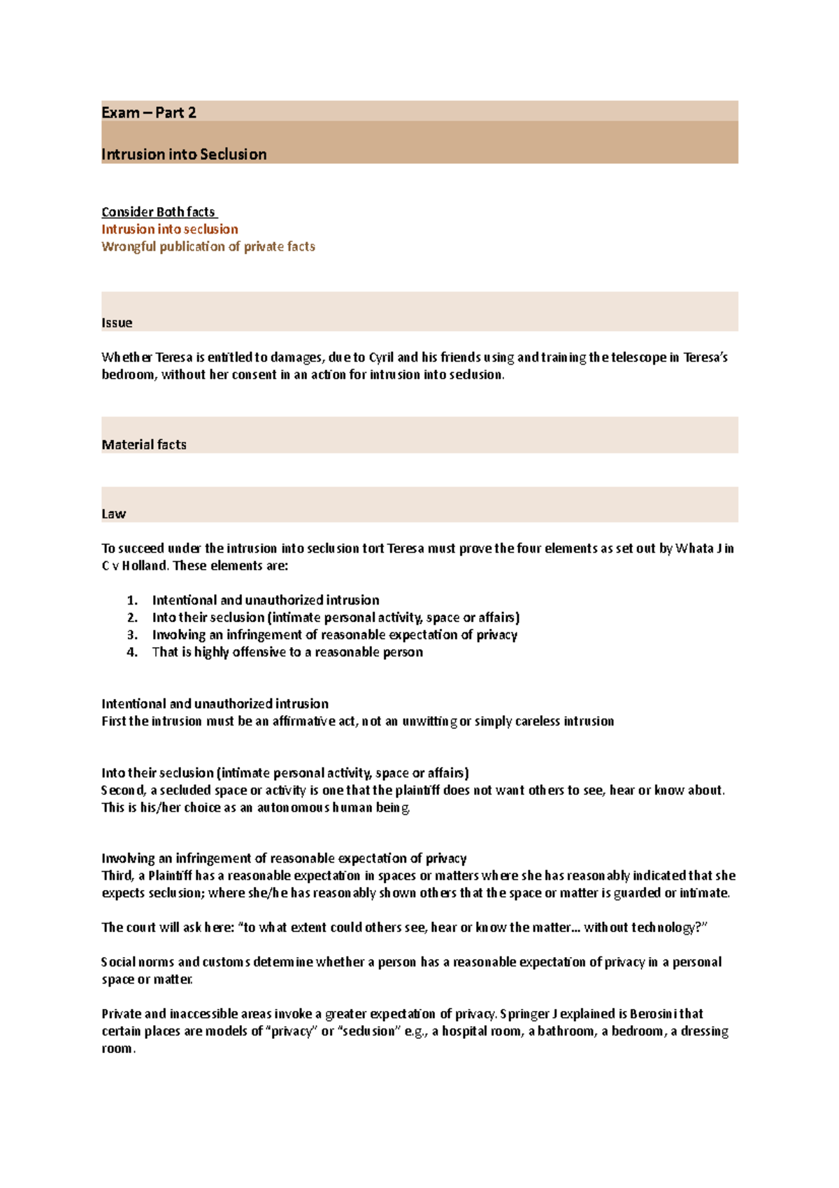 Intrusion into Seclusion Analysis: Exam Part 2 Notes - Studocu