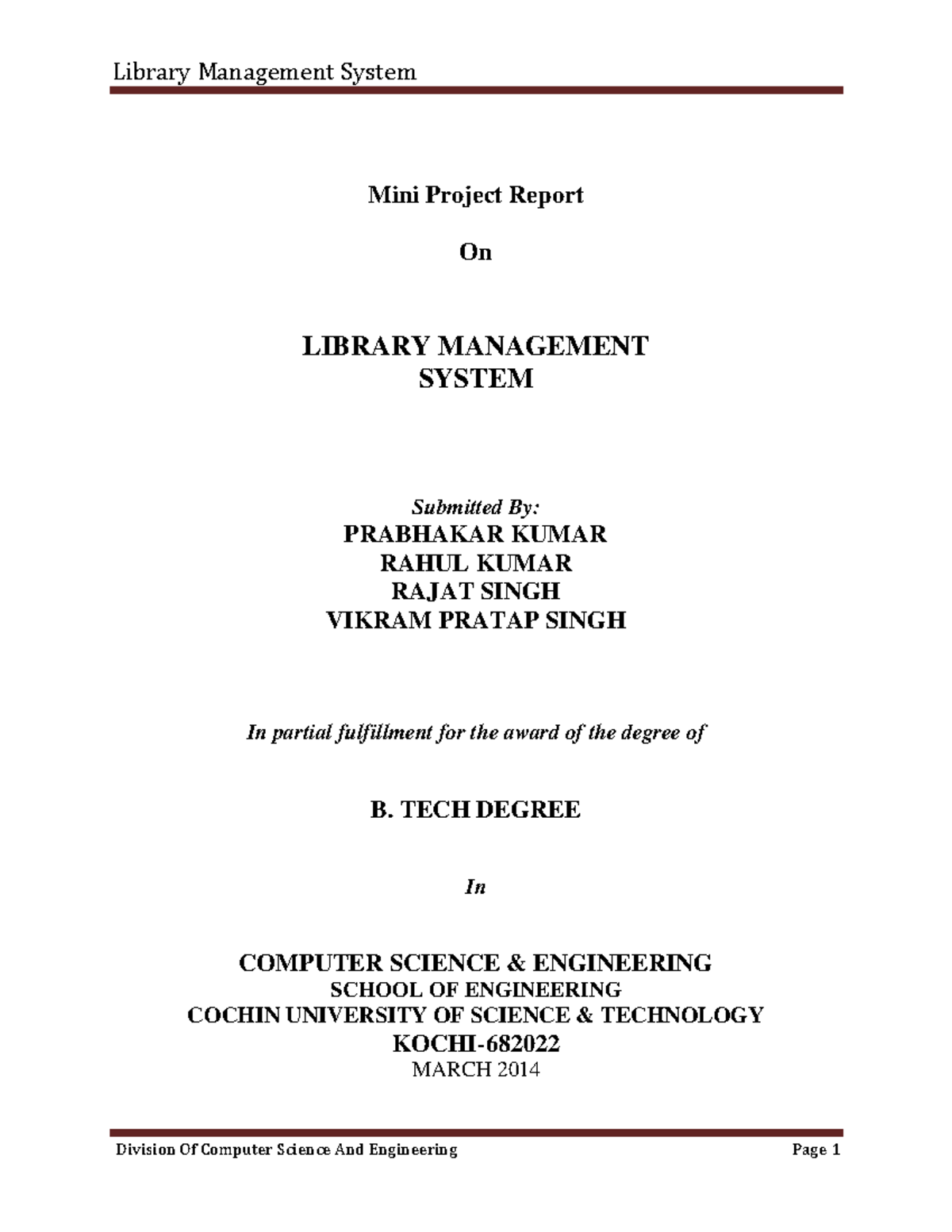 Library Management System Mini Project Report - B.Tech CSE - Studocu