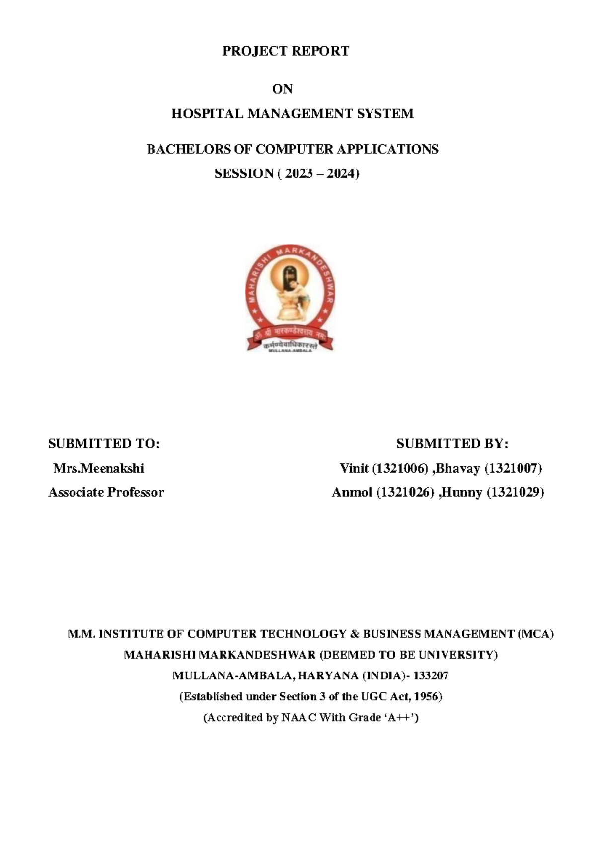 Hostel Management System Project Report for BCA Session 2021-2024 - Studocu