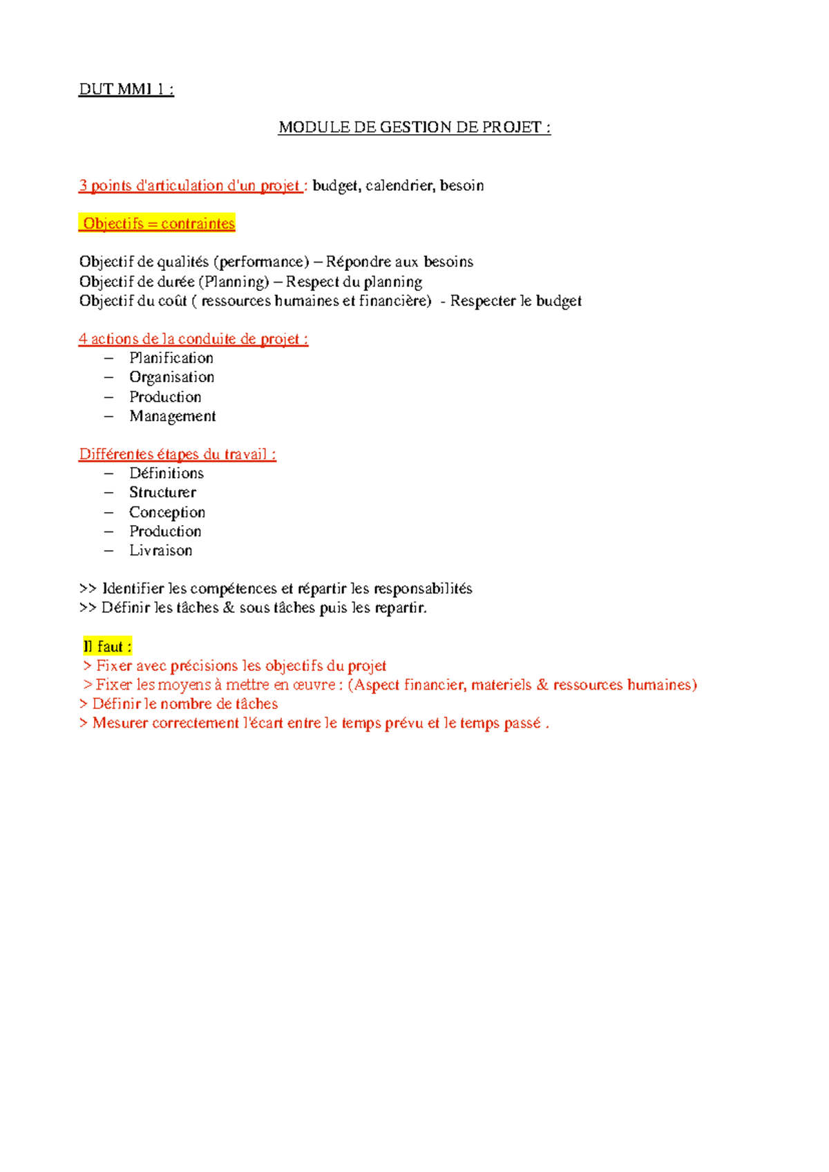 DUT MMI 1 - Gestion de Projet - Cours Notes et Concepts Essentiels ...