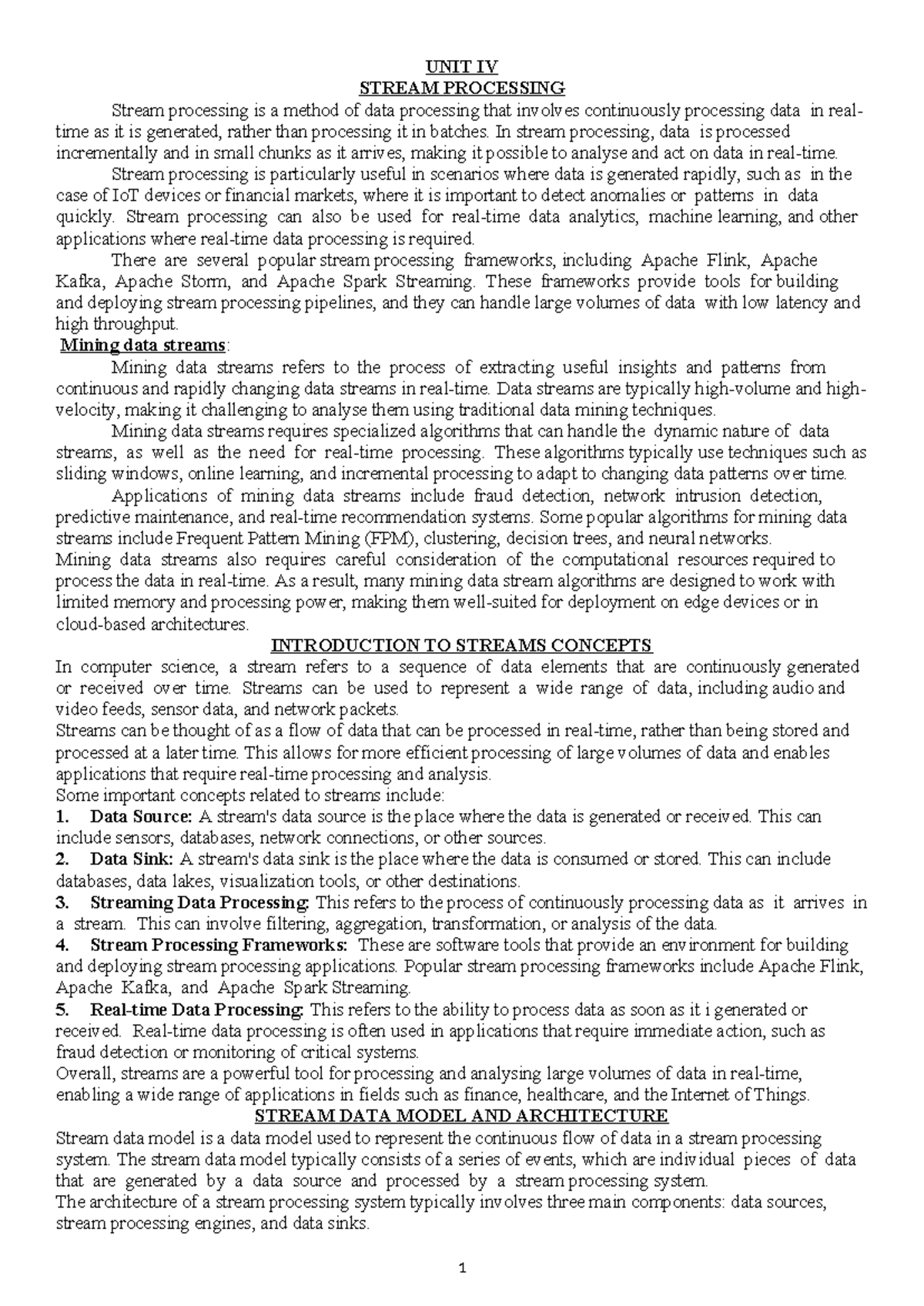 Unit IV BDA: Stream Processing Concepts and Applications - Studocu