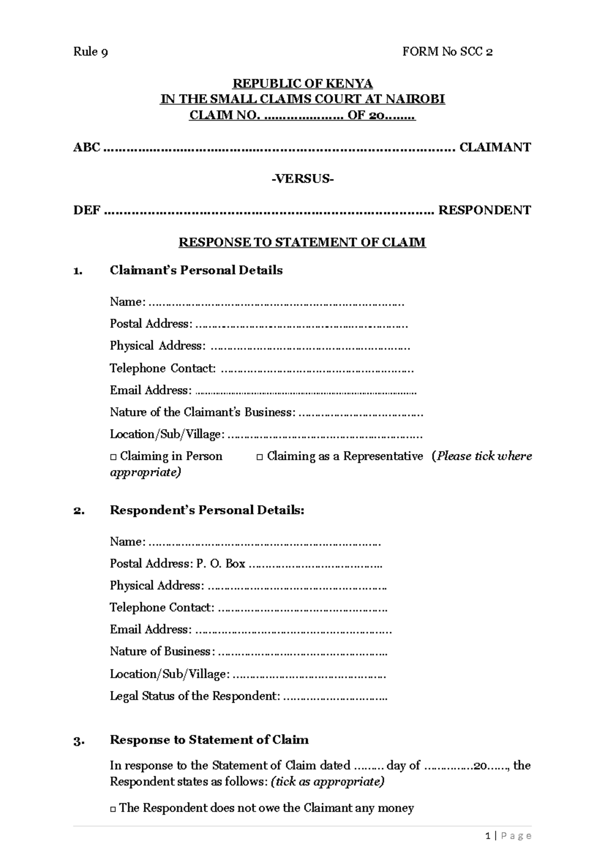 Response to Statement of Claim Small Claims Court 2q54ci - Rule 9 FORM ...