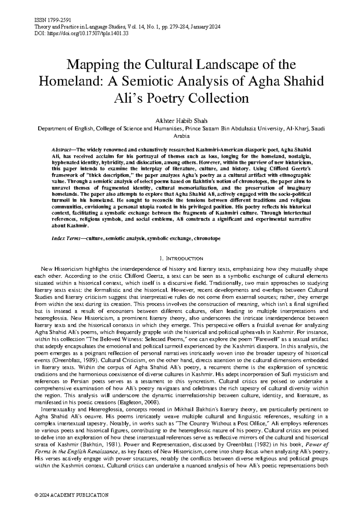 Mapping the Cultural Landscape: A Semiotic Analysis of Agha Shahid Ali ...