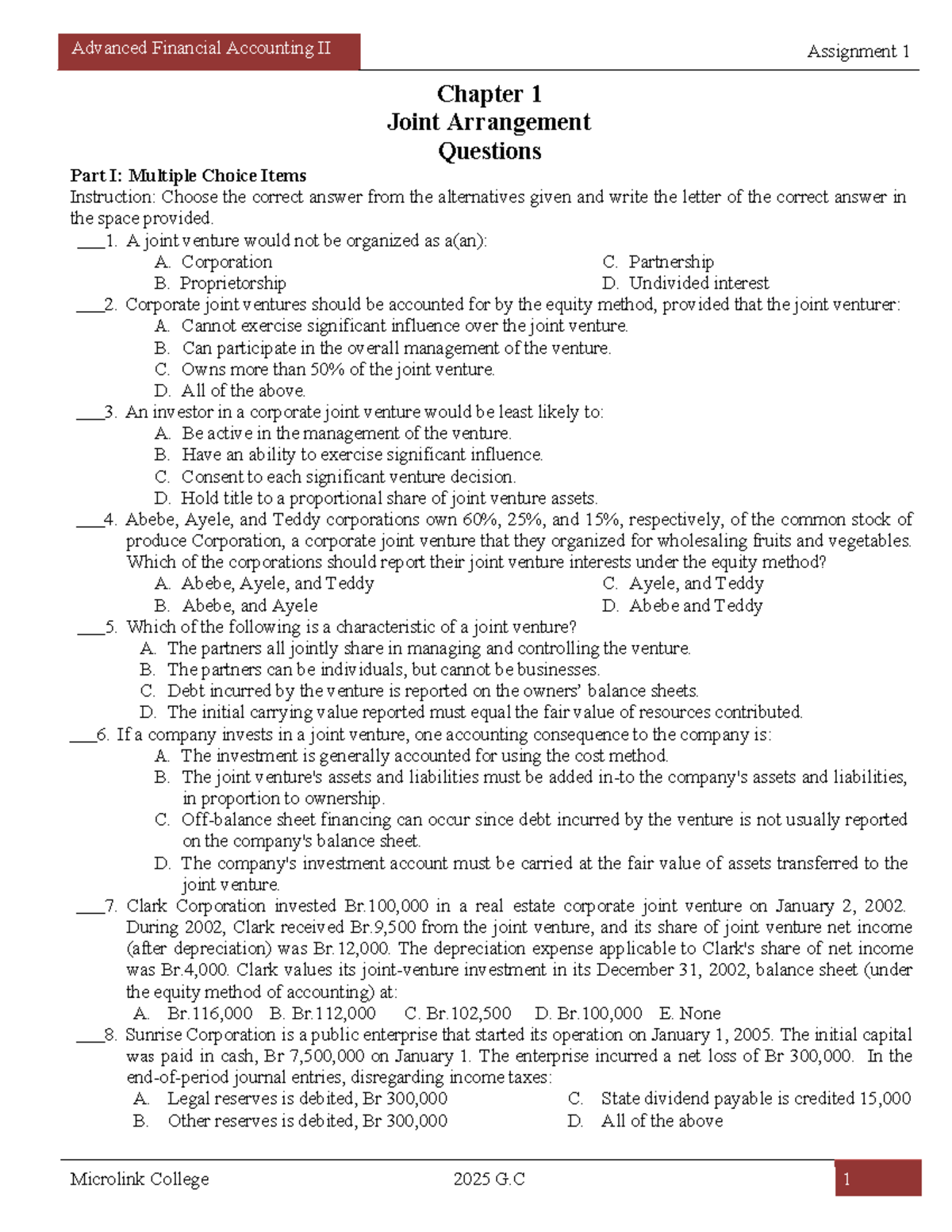 Advanced Financial Accounting II Assignment 1: Joint Arrangement MCQs &  Workouts - Studocu