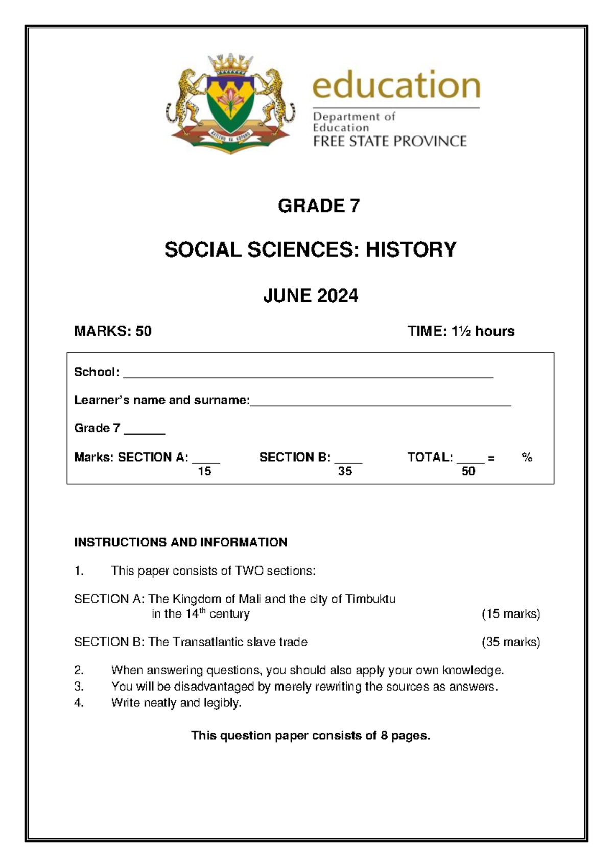 2024 JUNE GRADE 7 HISTORY CONTROLLED TEST: KINGDOM OF MALI & SLAVERY ...