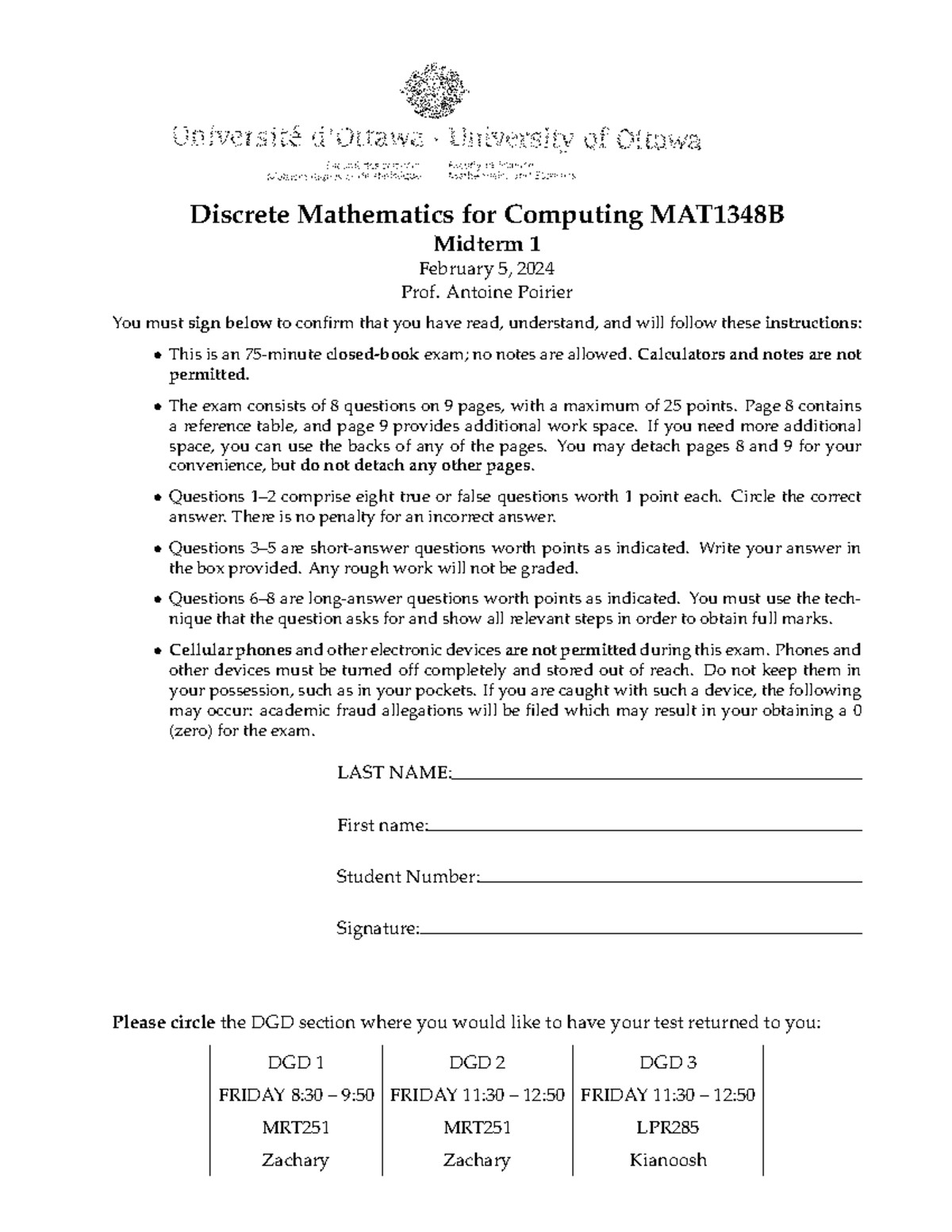 2024 MAT1348 Midterm 1 V1 - Solutions - Discrete Mathematics for ...