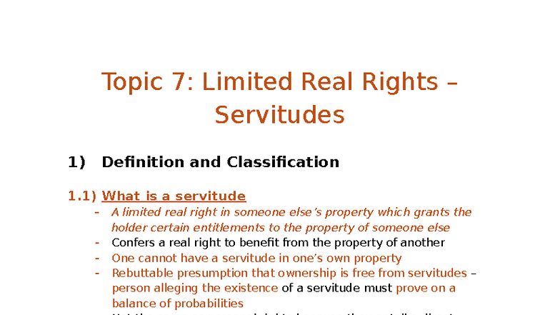 Topic 7: Limited Real Rights - Servitudes Overview and Classification ...