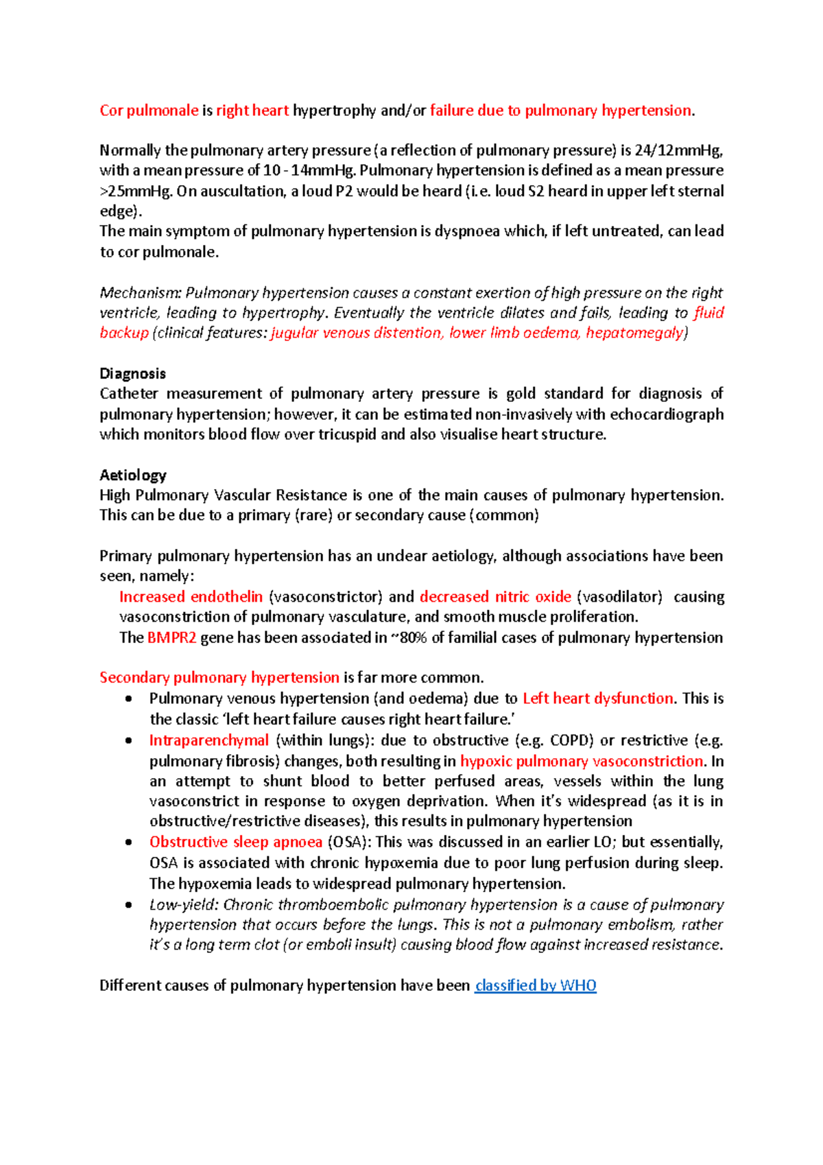 Pulmonary Htn Notes: Understanding Cor Pulmonale & Hypertension - Studocu