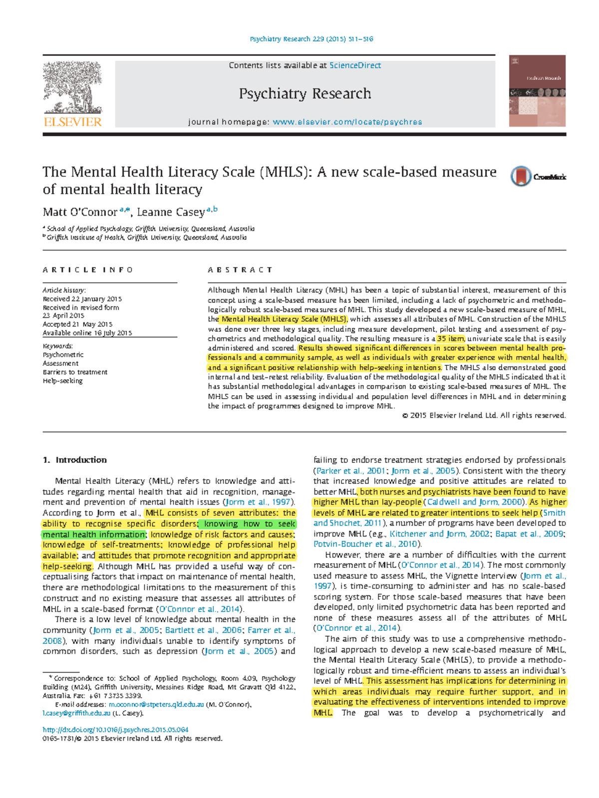 Development and Validation of the Mental Health Literacy Scale (MHLS ...