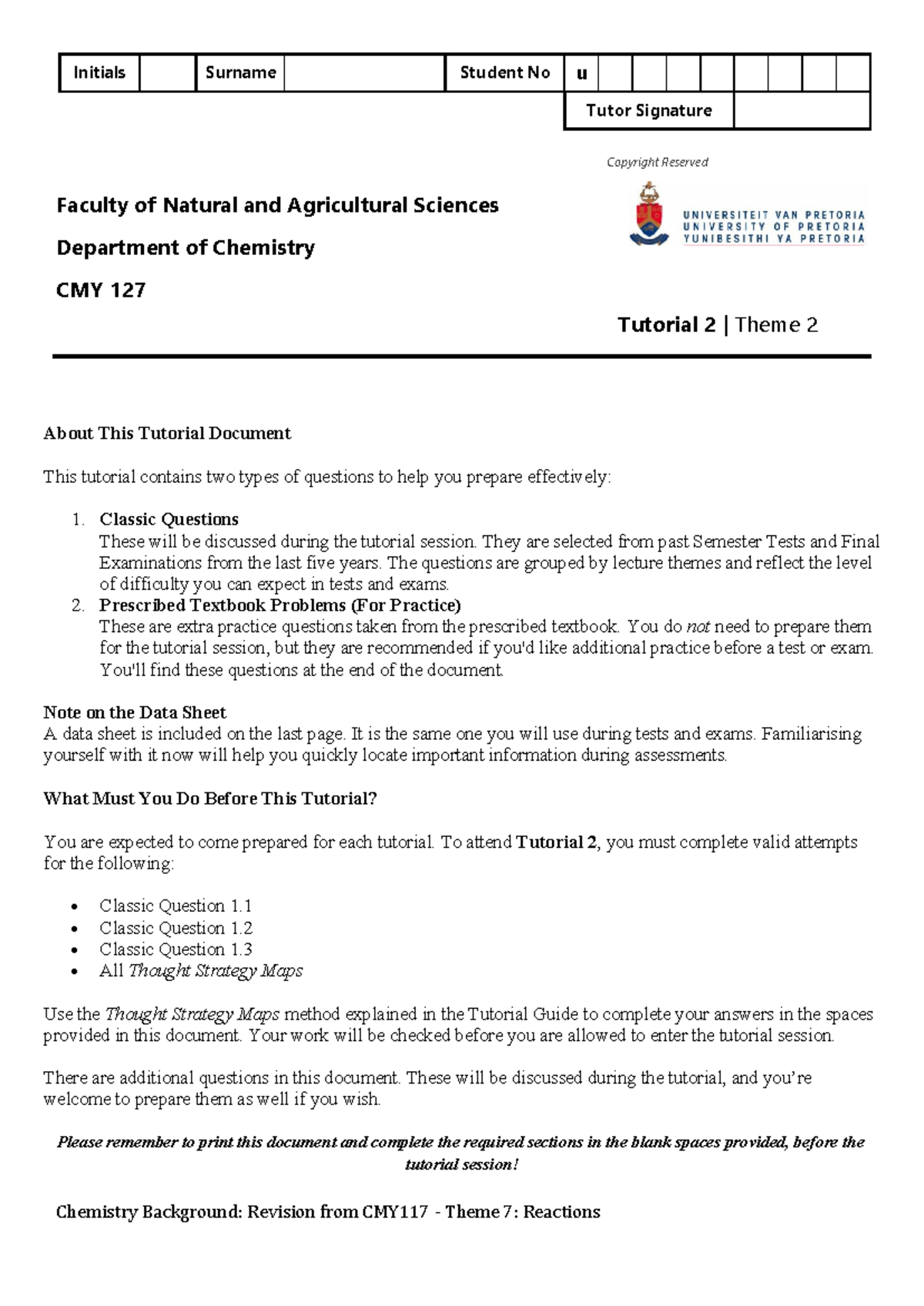 CMY 127 Tutorial 2 Worksheet: Classic & Textbook Questions - Studocu