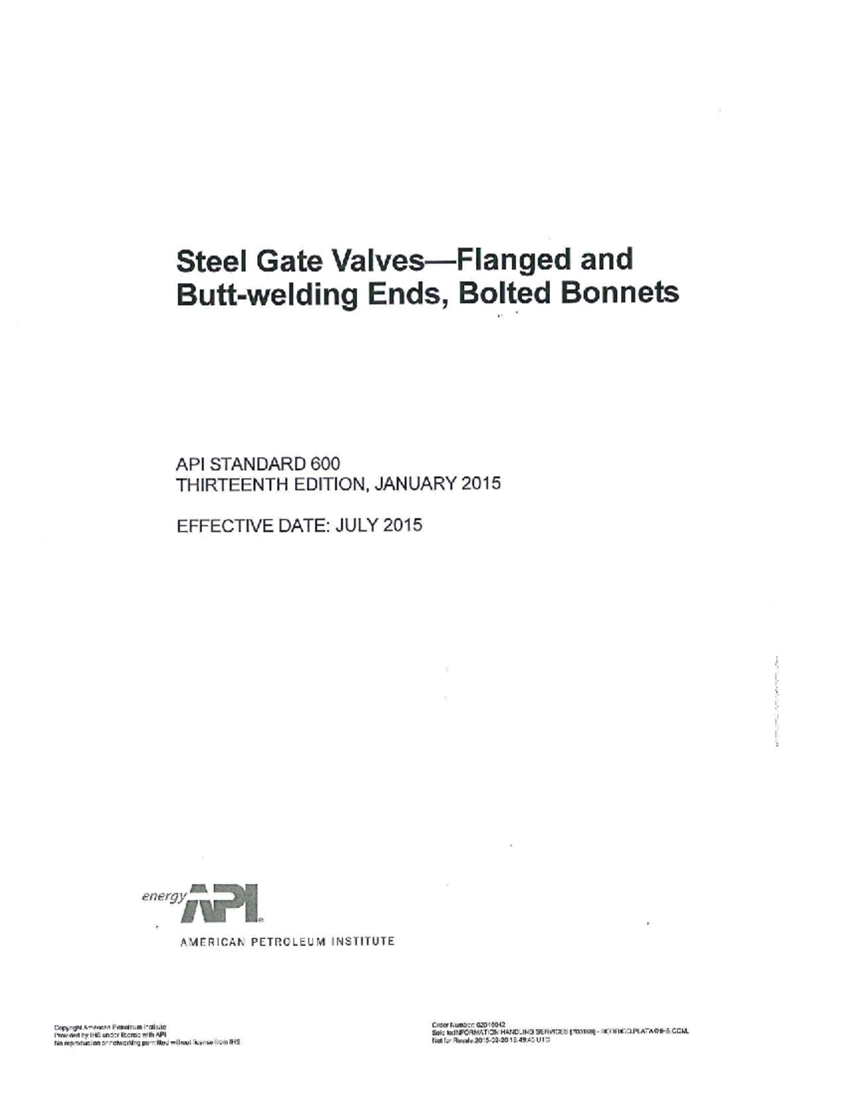 API 600 Steel Gate Valves: Bolted Bonnets & Ends Standards - Studocu