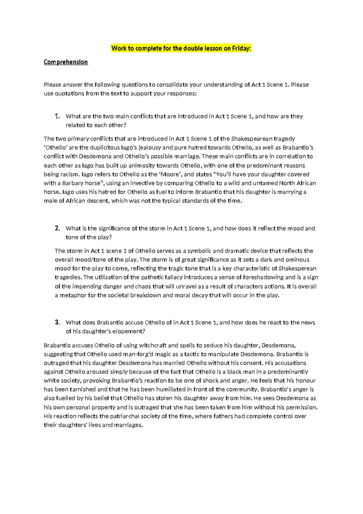 Othello (ENG 101) Act 1 Scene 1: Comprehension Questions & Analysis ...