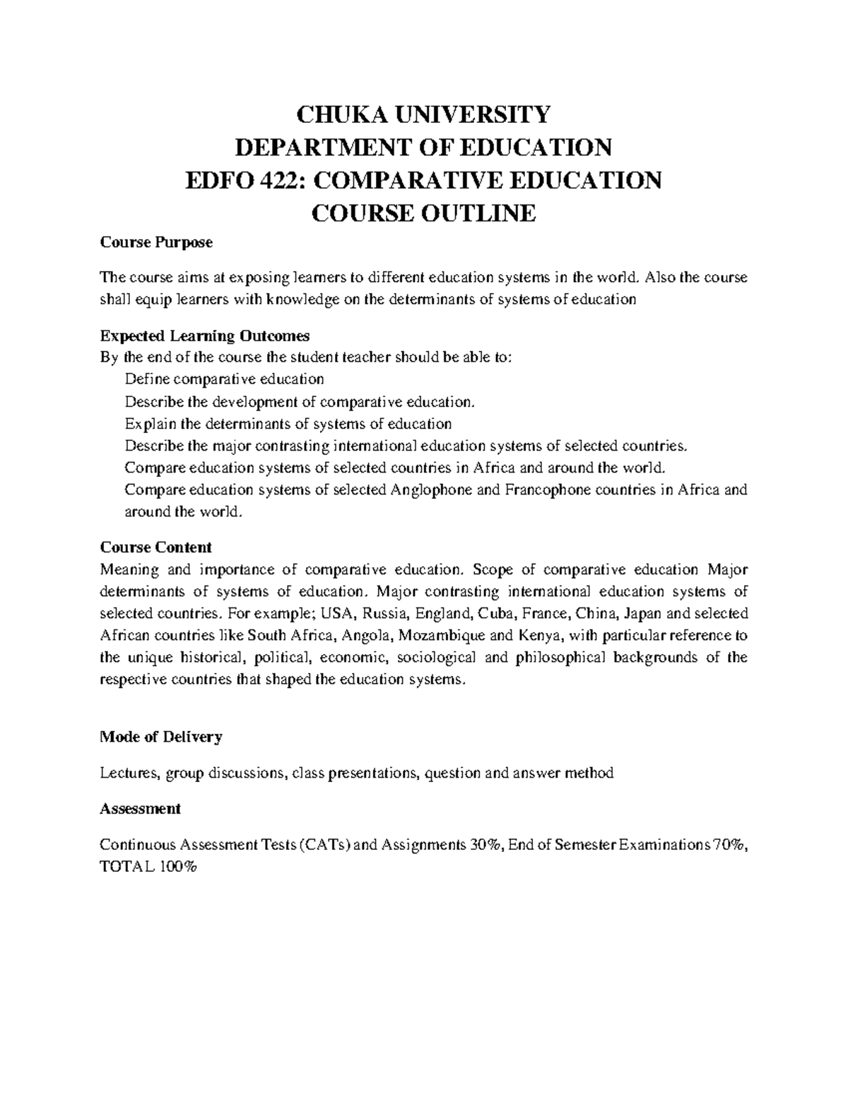 EDFO 422: Comparative Education Course Outline and Overview - Studocu
