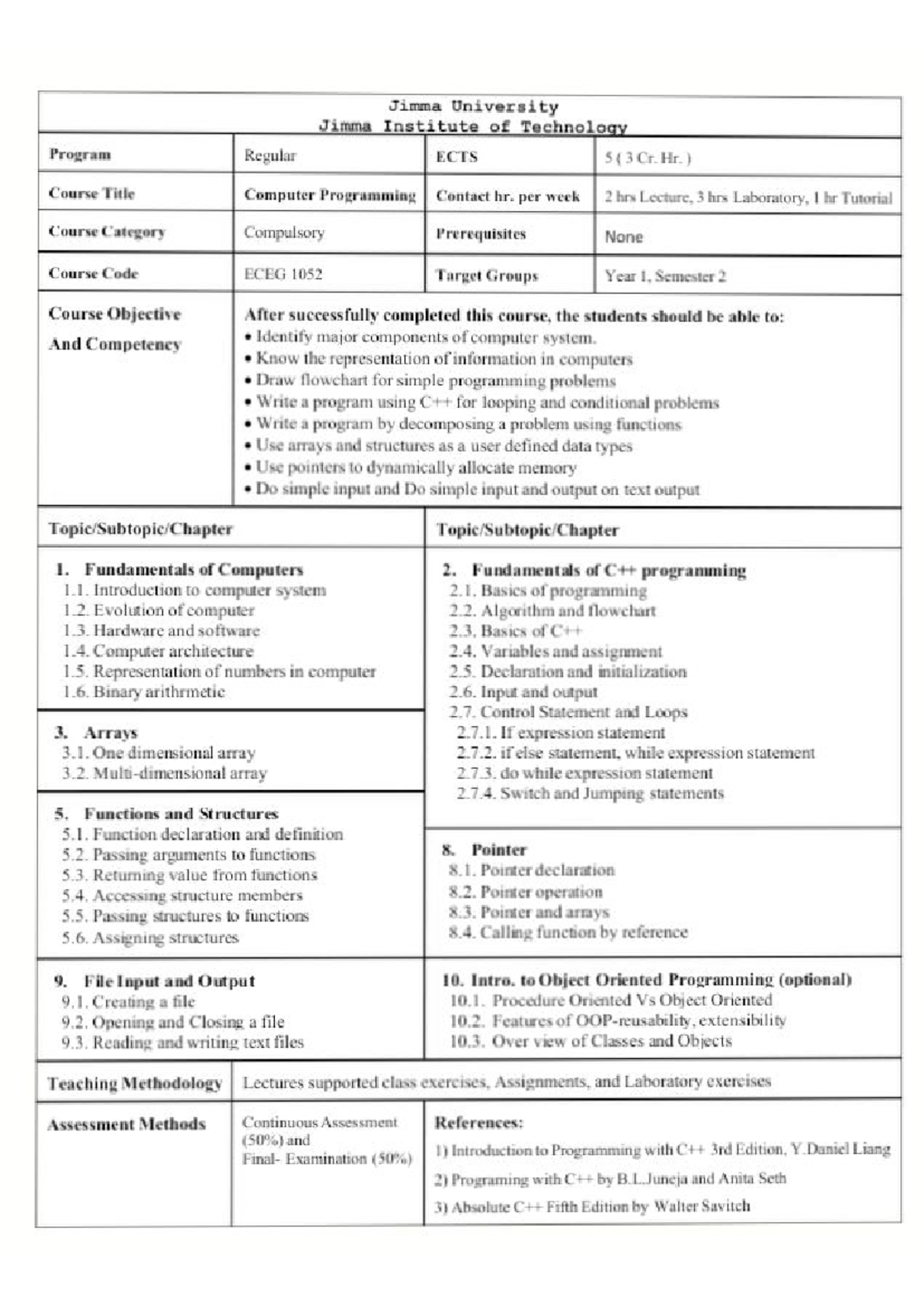 ECEG 1052 Computer Programming Course Outline and Objectives - Studocu