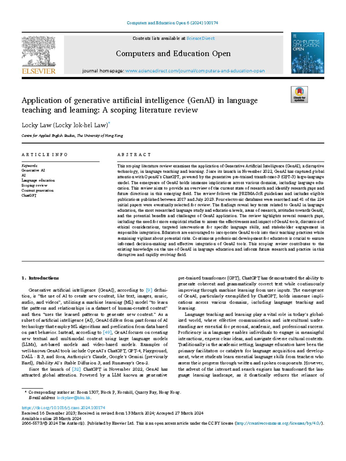 Application of GenAI in Language Education: A Scoping Review for 2024 ...