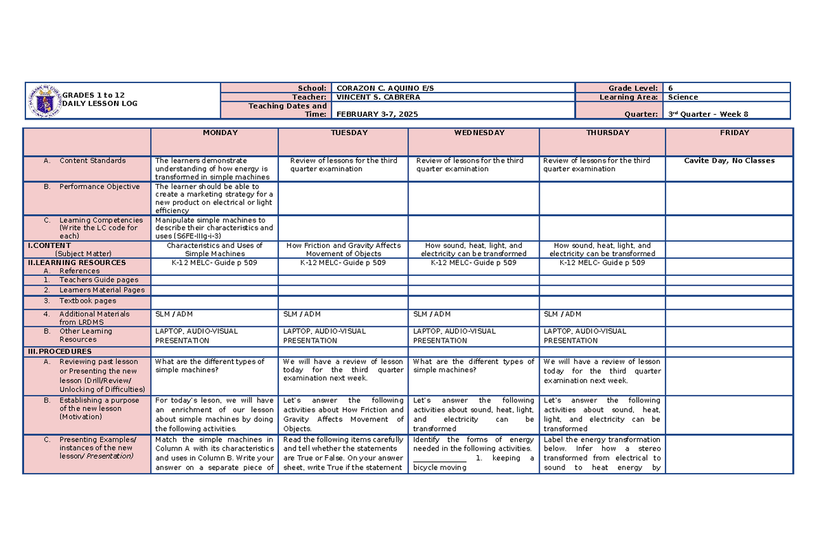 Science 6 Week 8 Daily Lesson Log: Energy & Simple Machines - Studocu