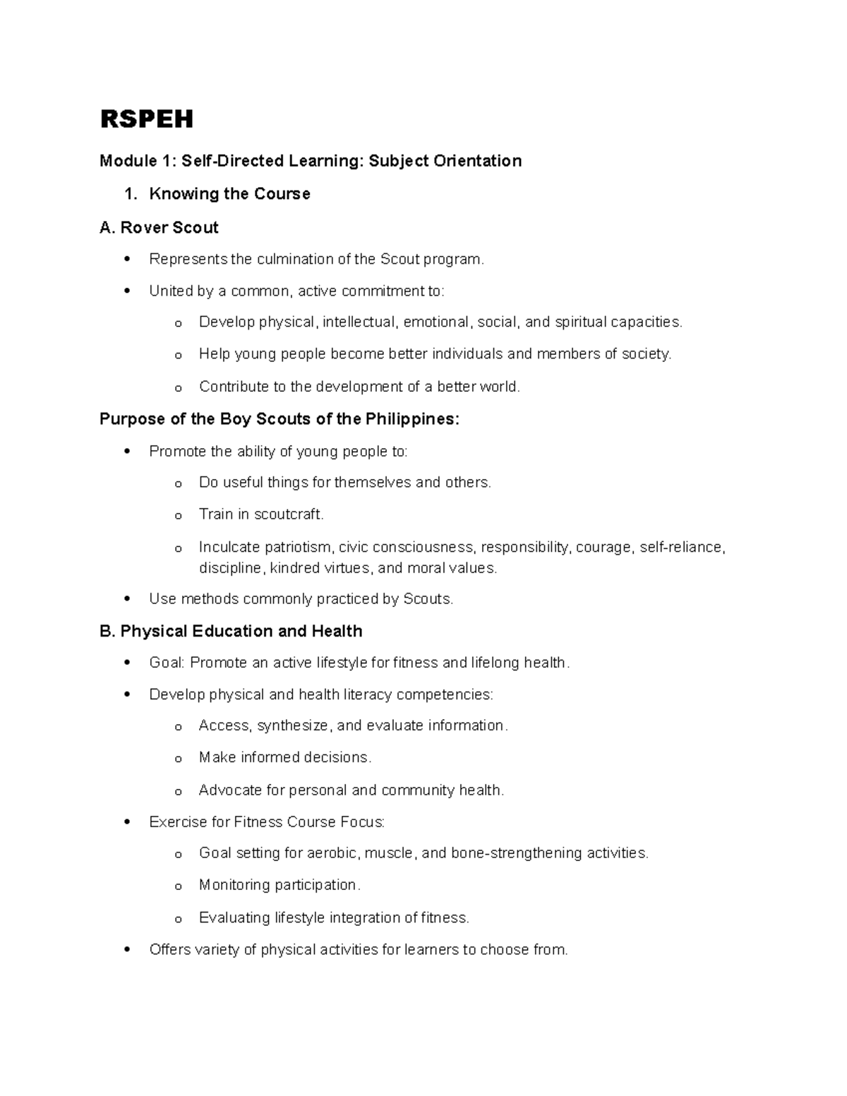 RSPEH Module 1: Rover Scout Orientation & Fitness Program - Studocu