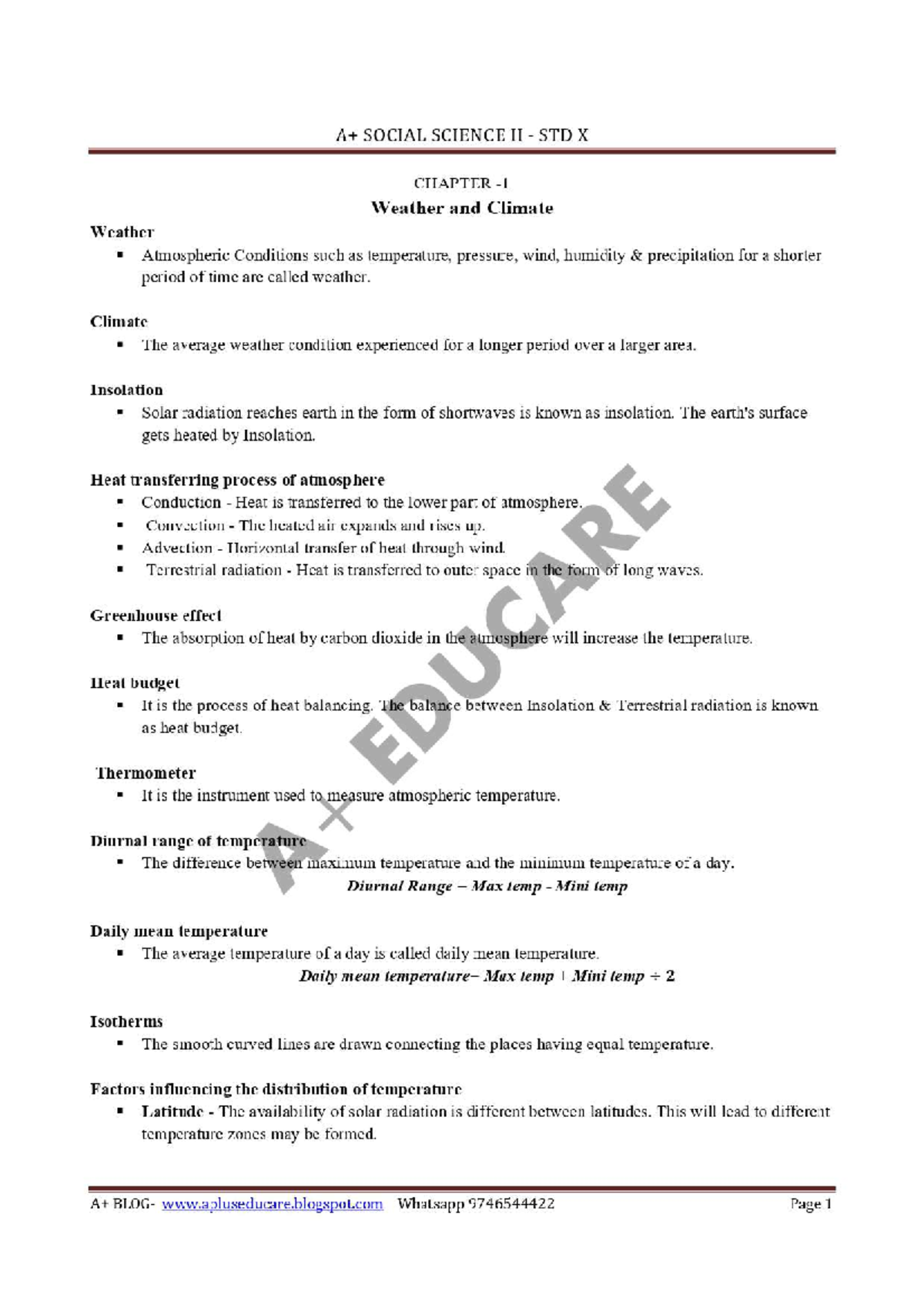 SOCIAL SCIENCE IT1 STD X CHAPTER Weather and Climate Notes - Studocu