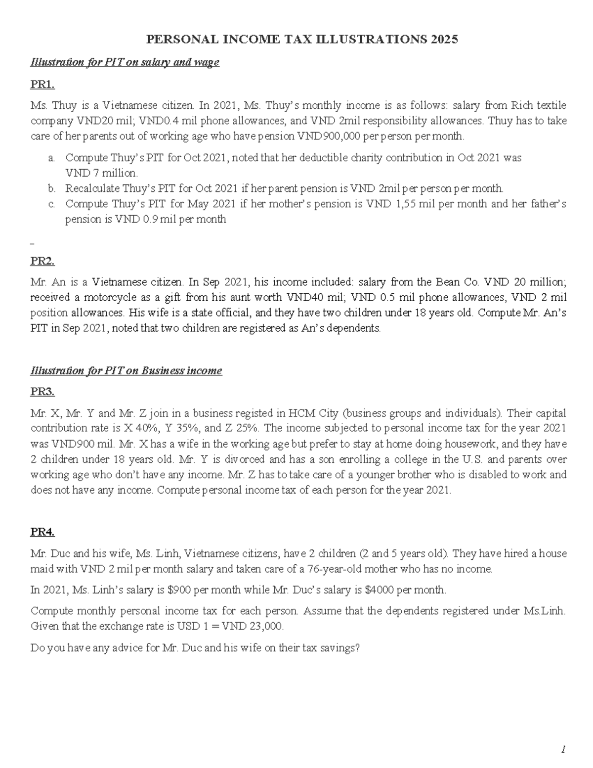 PIT Illustrations 2025: Detailed Examples for Tax Computation - Studocu