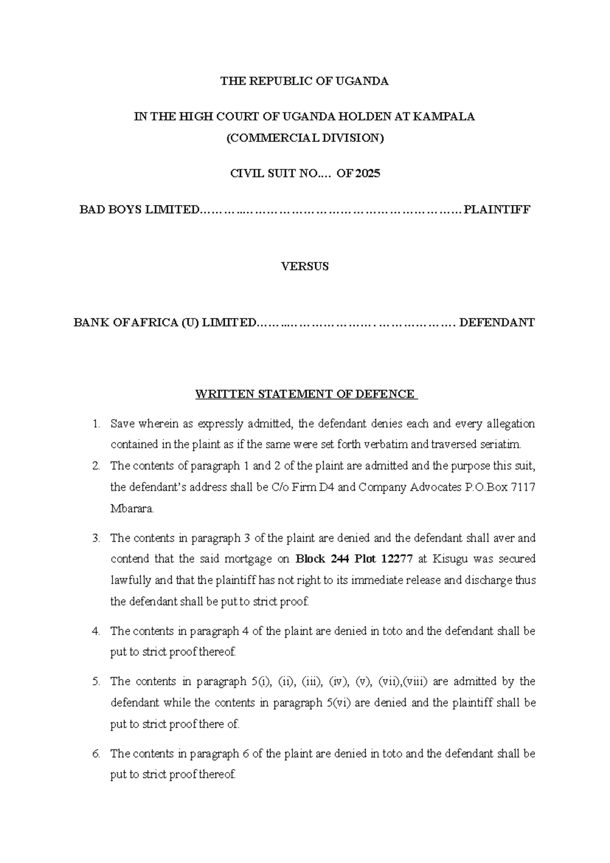 BBL 2025: Written Statement of Defence in Bad Boys vs. Bank of Africa ...