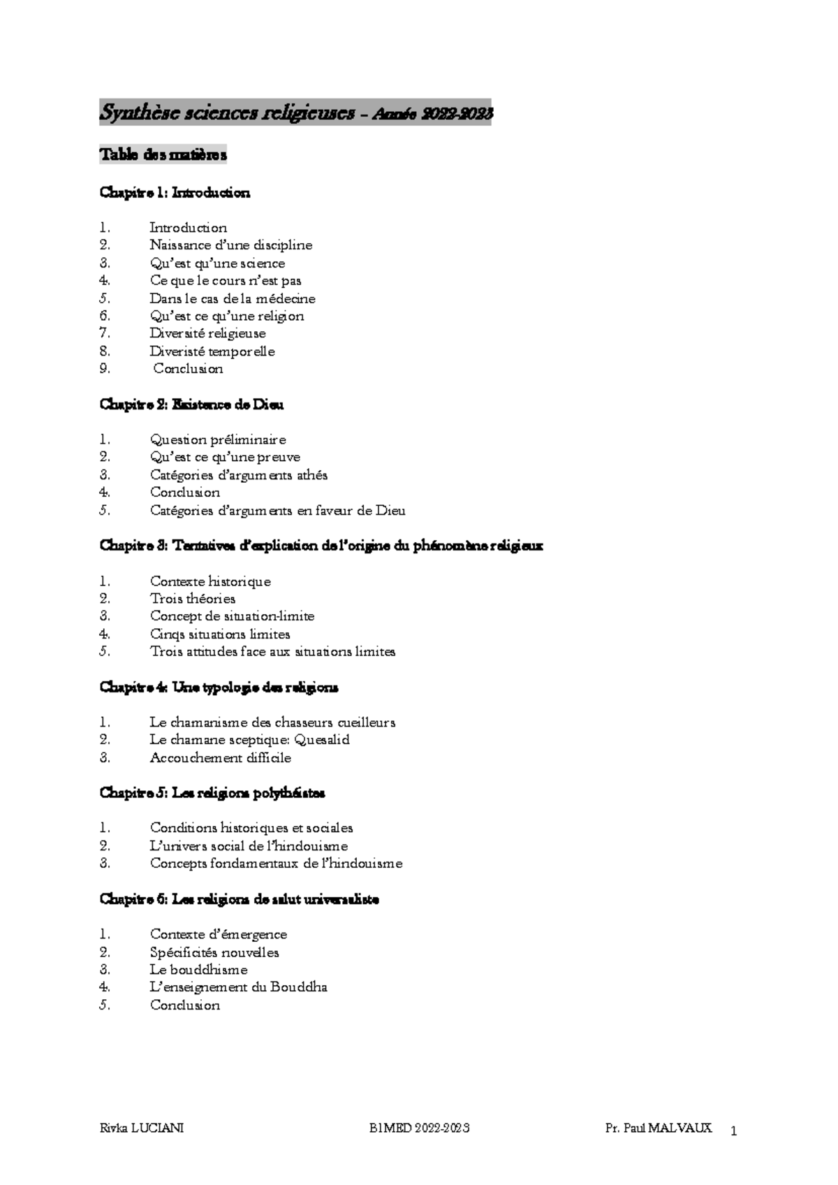 Synthèse Sc. Rel - Notes de Cours sur les Religions et leur Typologie ...