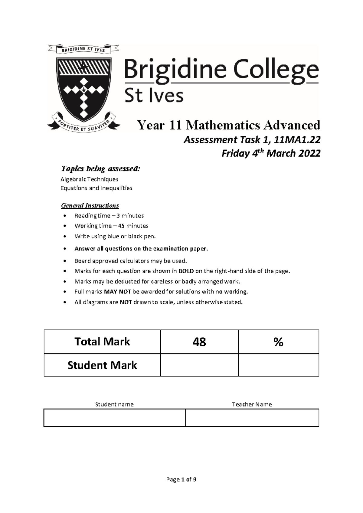 11MA1.22 Year 11 Mathematics Advanced Term 1 Assessment - Studocu