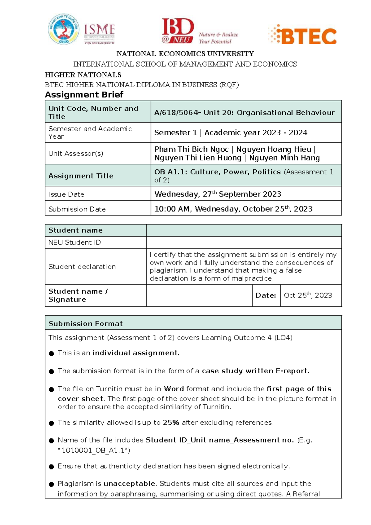 OB A1.1: Culture, Power, Politics - Assignment Brief for Unit 20 - Studocu