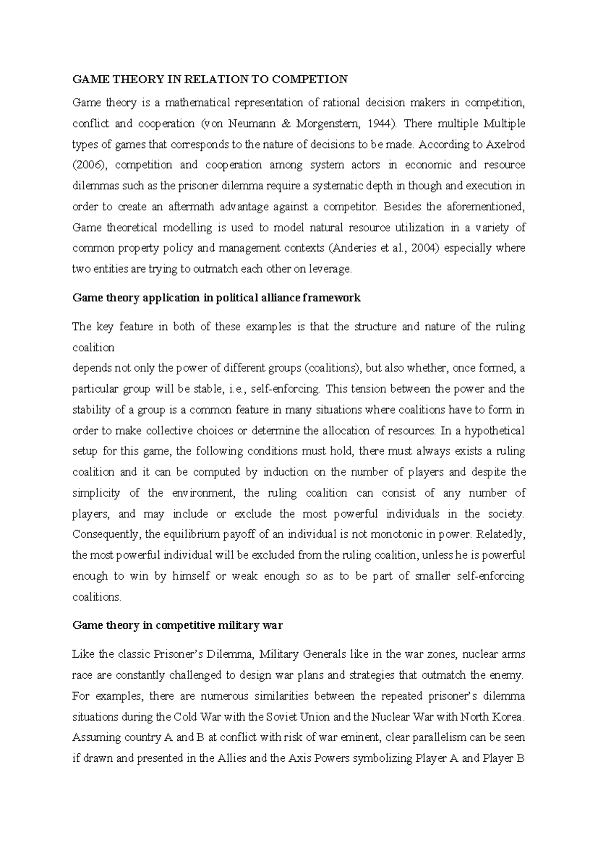 GAME THEORY IN COMPETITION: ASSIGNMENT ANALYSIS - Studocu