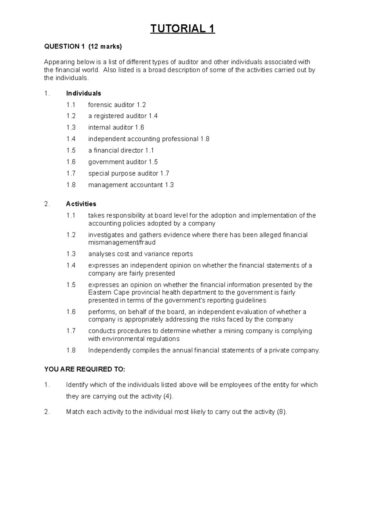 Auditing Fundamentals Tutorial 1 - Key Concepts and Activities - Studocu