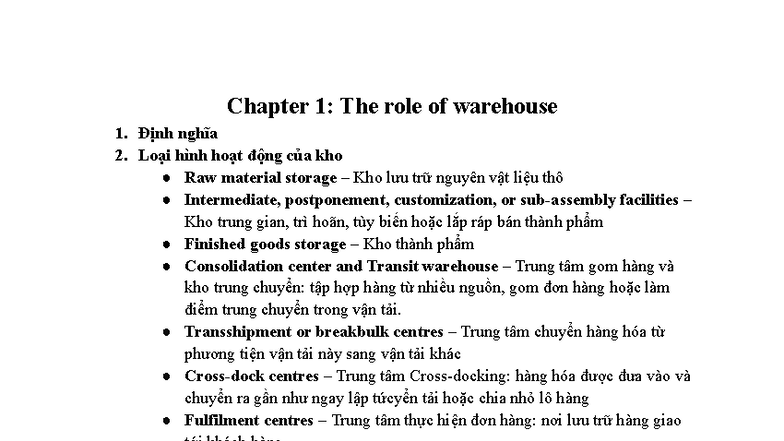 Chapter 1: The Role of Warehouse Management and Operations - Studocu