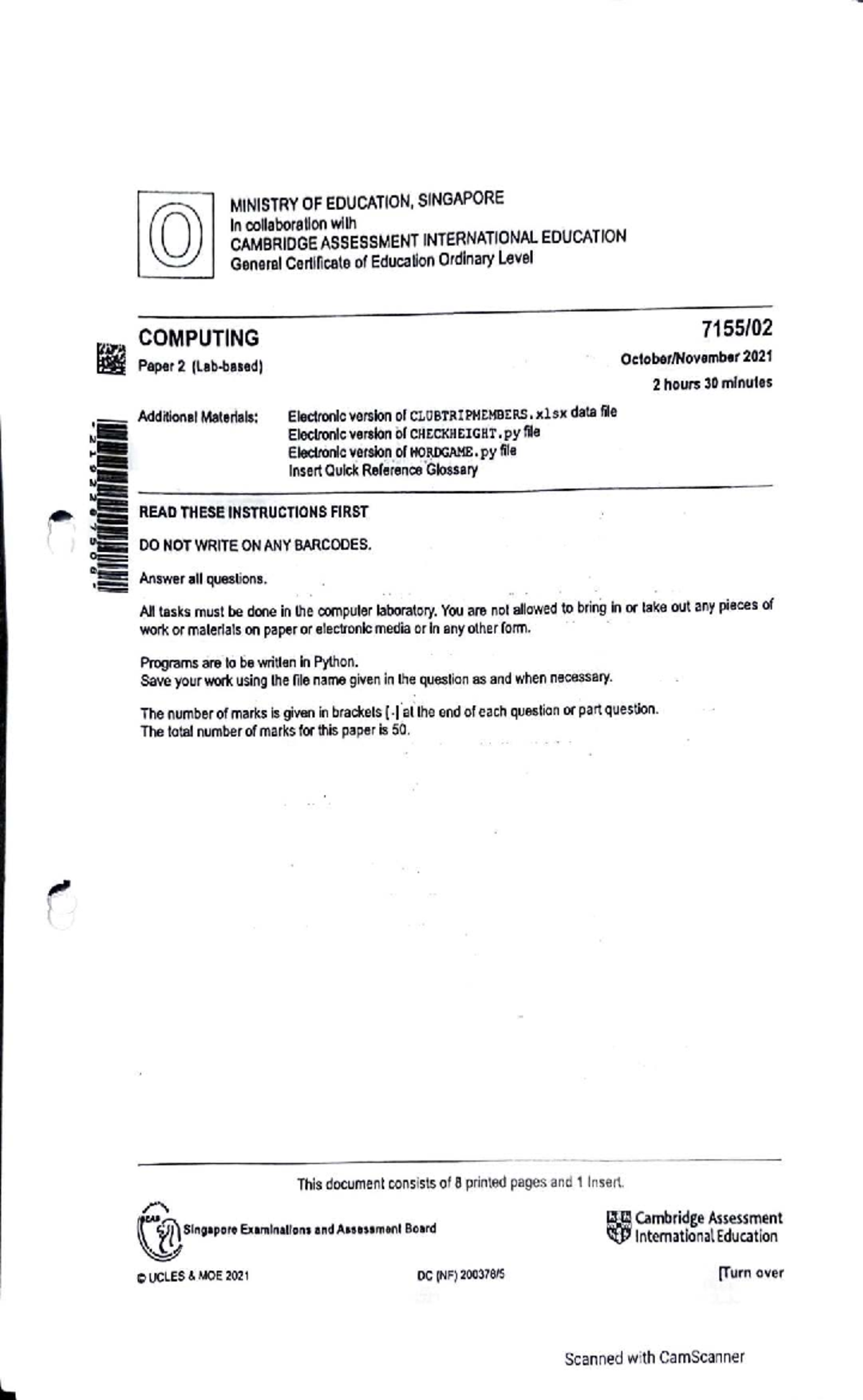 2021 O Level Computing Paper 2 - Exam Instructions & Tasks - Studocu