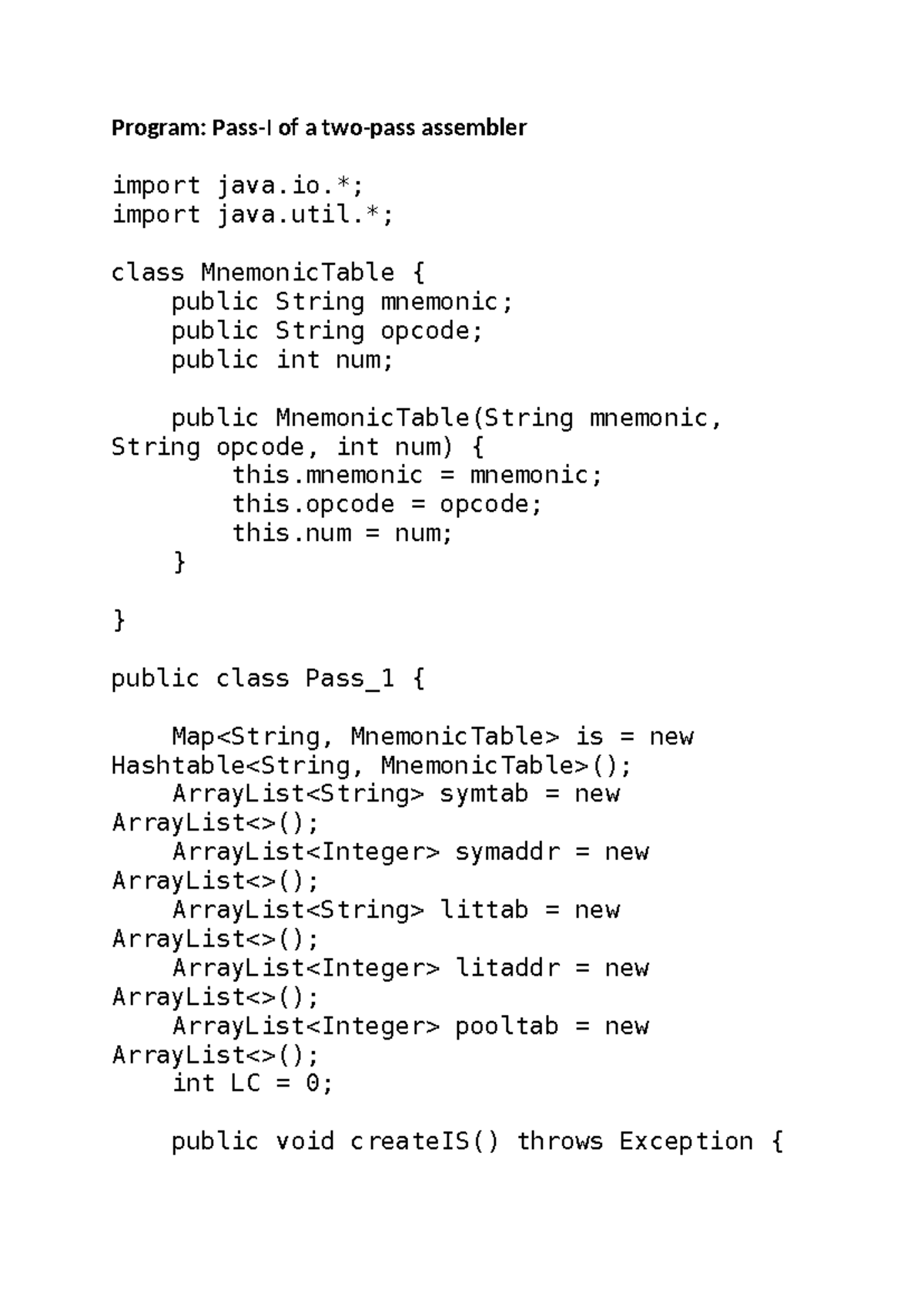 Pass-I SPOS Lab 1: Two-Pass Assembler Experiment 1 Code - Studocu