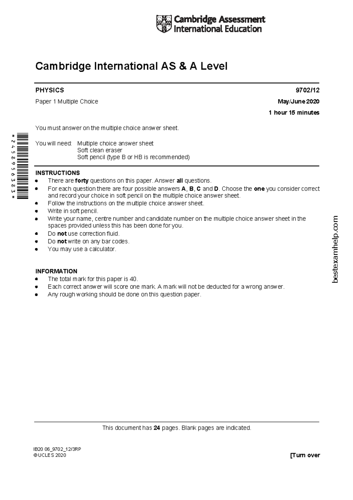 Cambridge International AS A Level PHYSICS 9702 S20 Paper 1 MCQ Exam ...