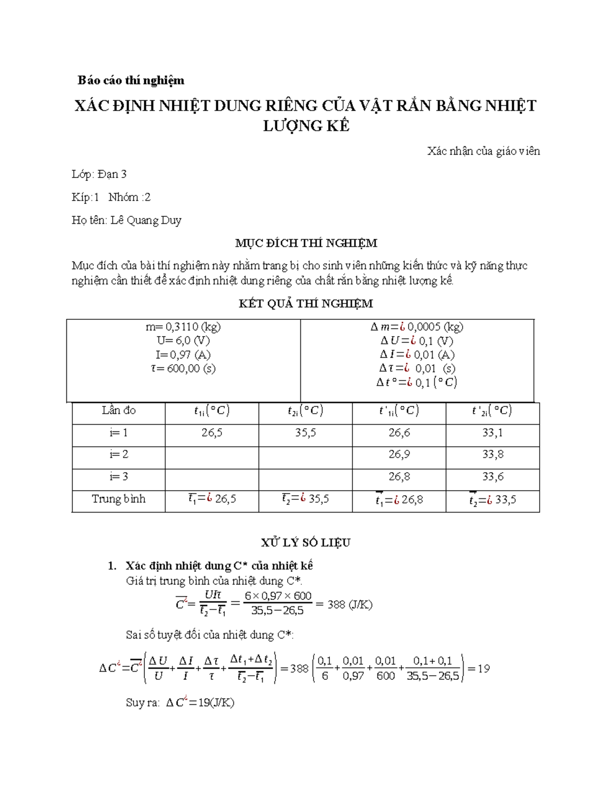 Bo co th nghim: Xc nh nhit dung ring ca vt rn - BCTNB 4 -  Studocu