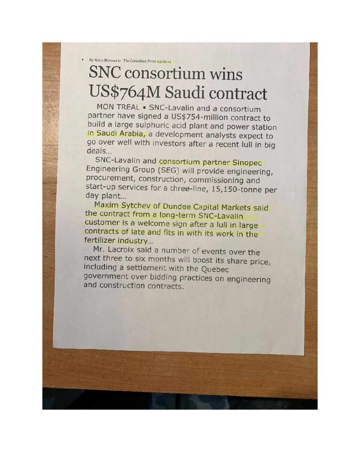 SNC Consortium Wins US$764M Saudi Contract - 05.02.14 Update - Studocu