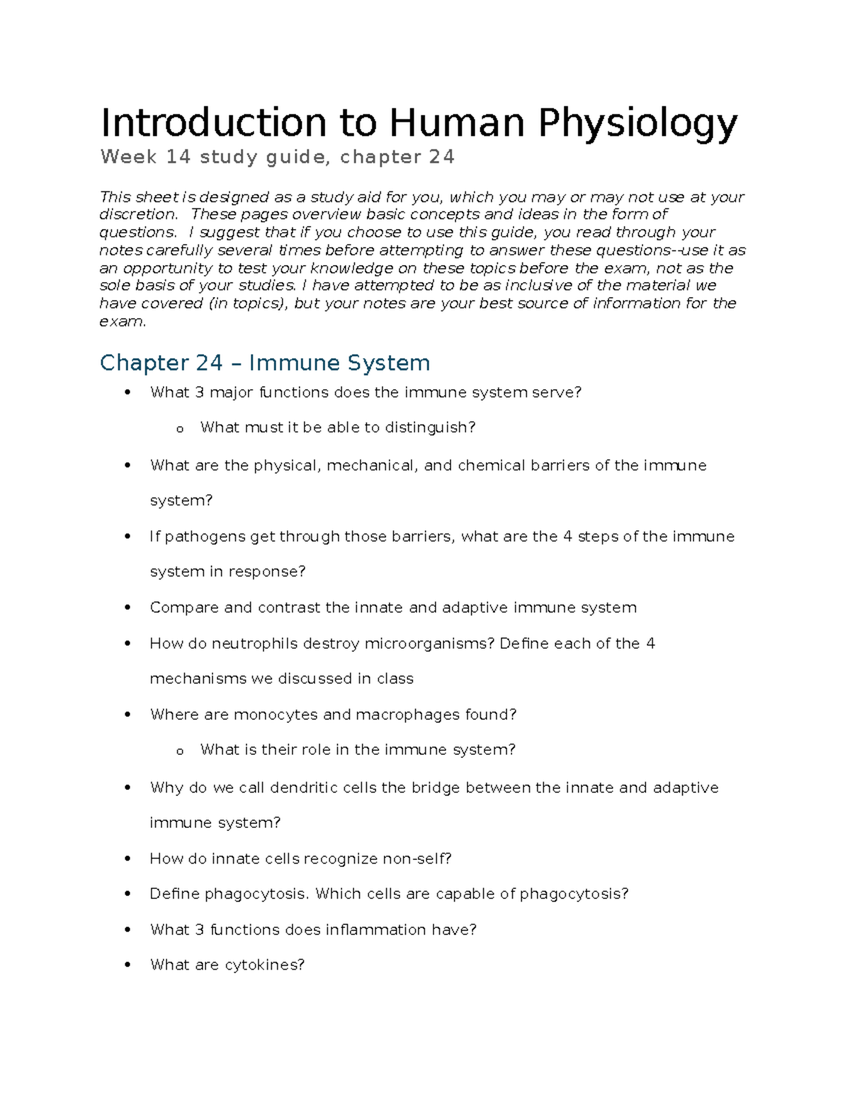 Week 14 Study Guide: Immune System Concepts - Intro to Human Physiology ...