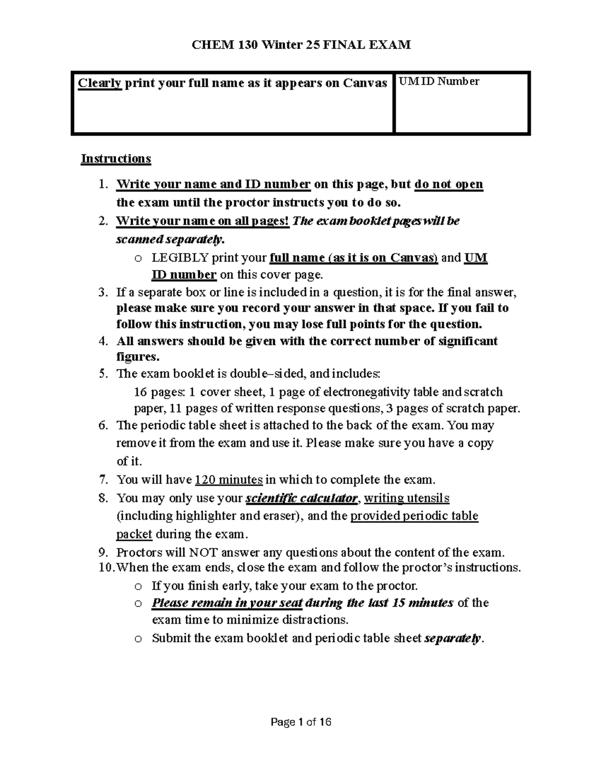 CHEM 130 Winter 25 FINAL EXAM Instructions and Guidelines - Studocu