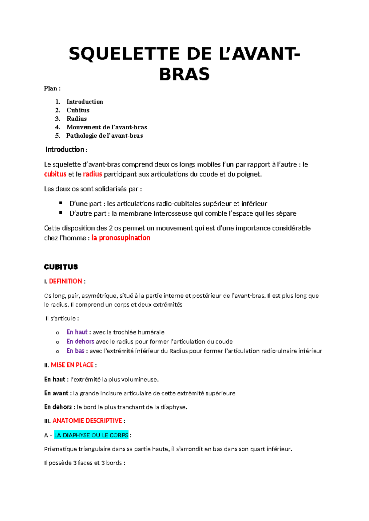 Anatomie et Pathologie du Cubitus et Radius - Cours Avant-bras - Studocu