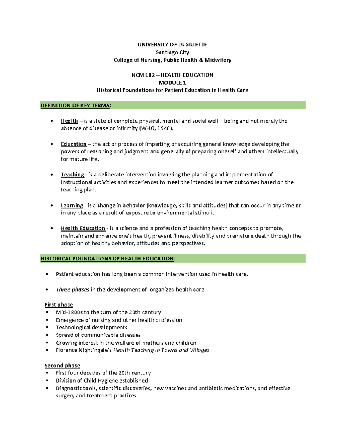 NCM 102 Health Education Module 1: Historical Foundations Overview ...