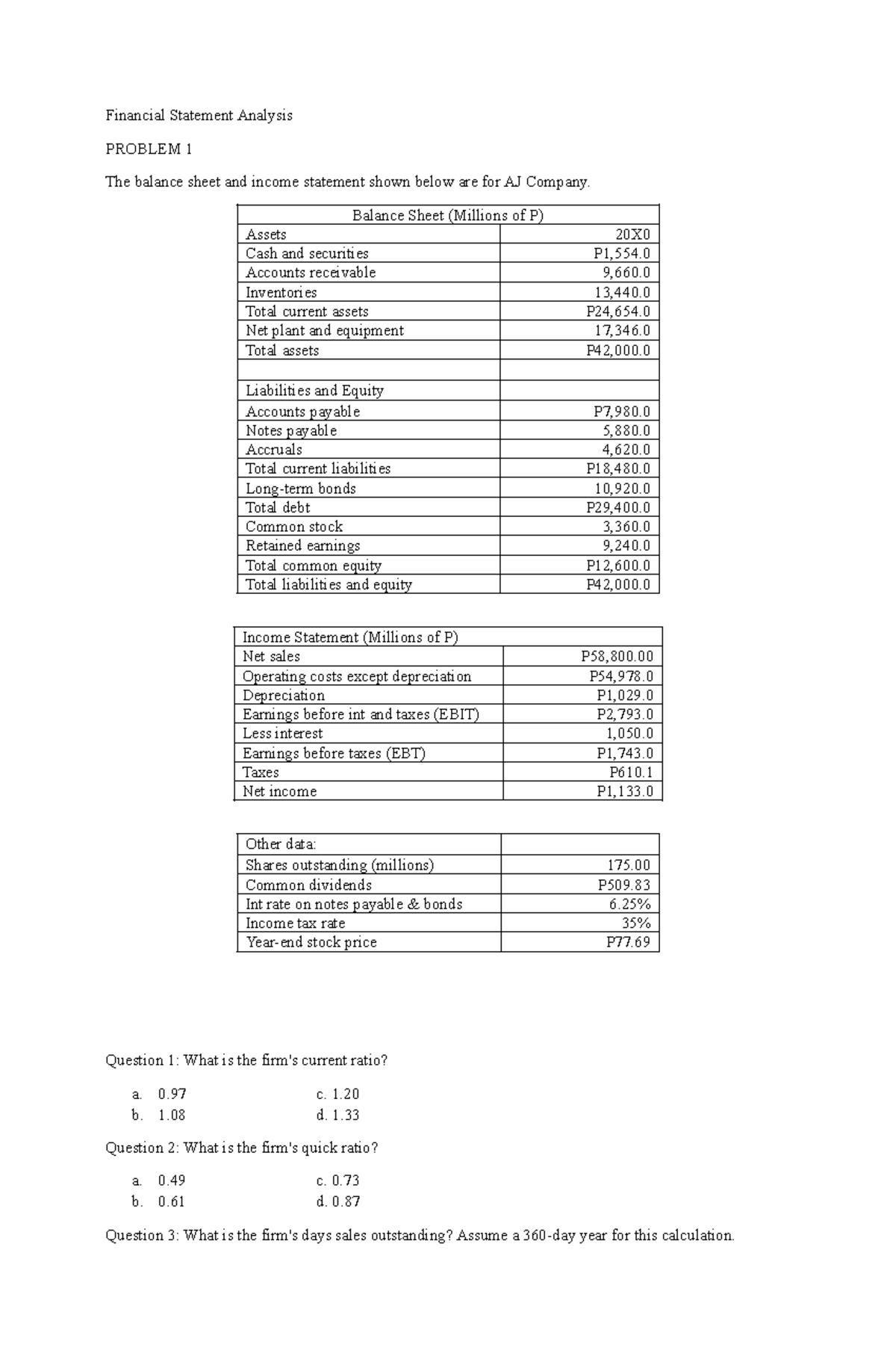 Financial Statement Analysis: AJ Company Case Study (PROBLEM 1) - Studocu