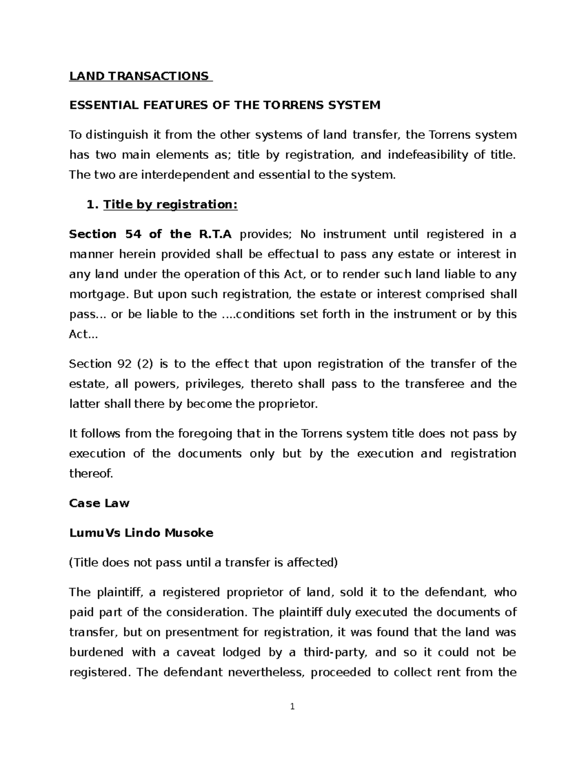 Land Law II - Lecture Notes: Key Features of the Torrens System - Studocu